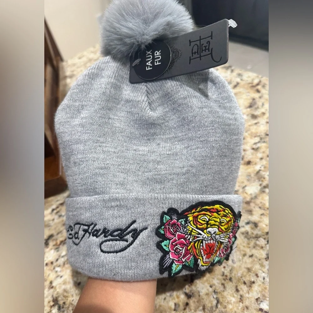 Ed Hardy Gray Beanie with Tiger and Floral Design